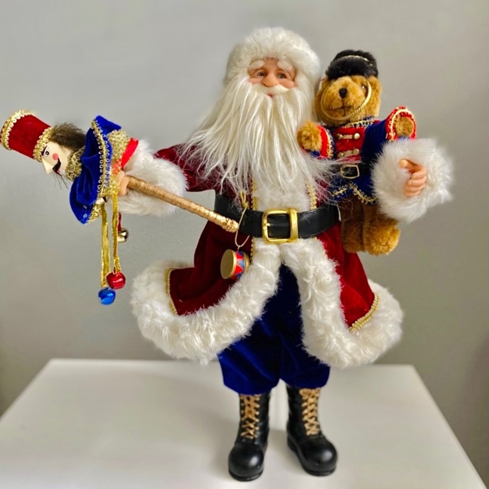 Santa Claus Figurine w/ Teddy Bear, Nutcracker Staff Velvet Red, Blue  27”